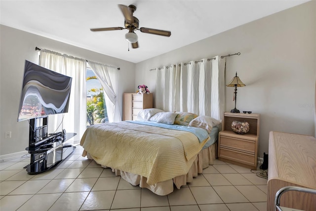 bedroom with light tile patterned floors and ceiling fan