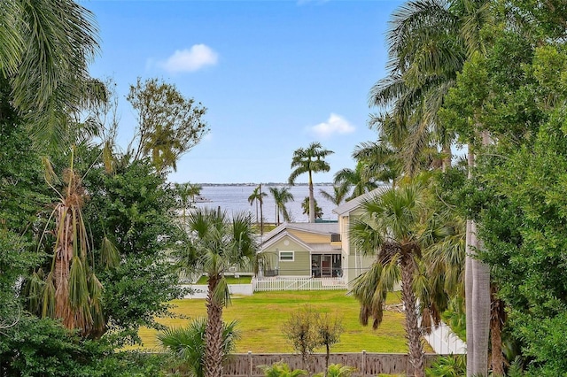 view of yard with a water view