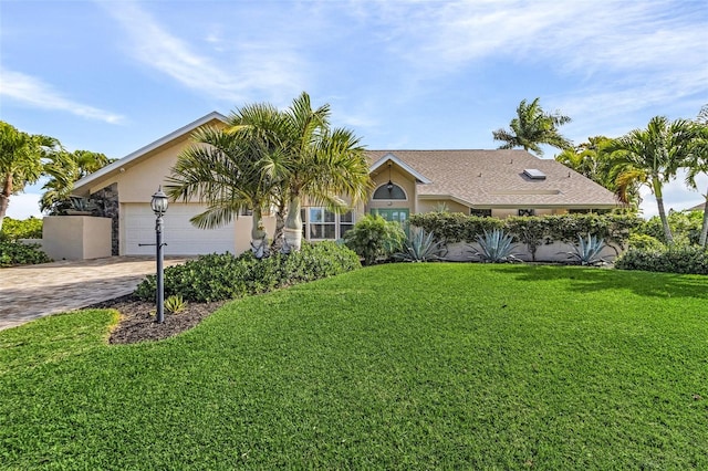 ranch-style home featuring a front yard and a garage