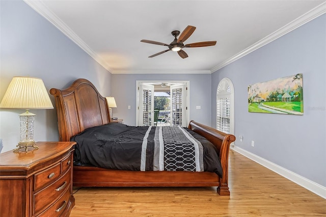 bedroom with access to exterior, crown molding, ceiling fan, and light wood-type flooring