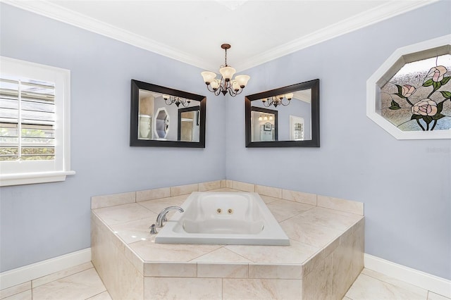 bathroom featuring tile floors, ornamental molding, a notable chandelier, and tiled tub