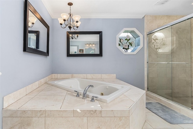 bathroom featuring shower with separate bathtub, an inviting chandelier, ornamental molding, and tile floors