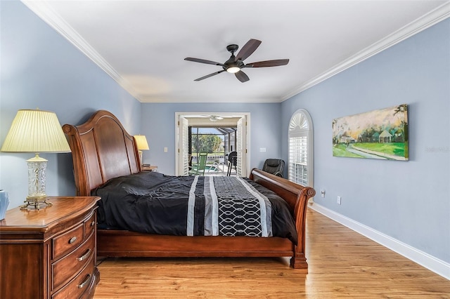 bedroom with access to exterior, ceiling fan, light wood-type flooring, and crown molding