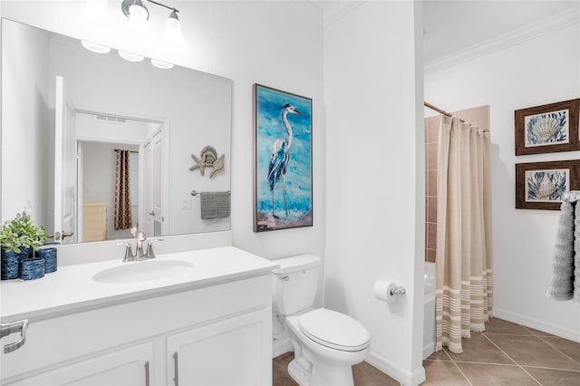 full bathroom with toilet, vanity with extensive cabinet space, ornamental molding, shower / tub combo with curtain, and tile flooring