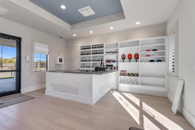 interior space with a tray ceiling and light hardwood / wood-style floors