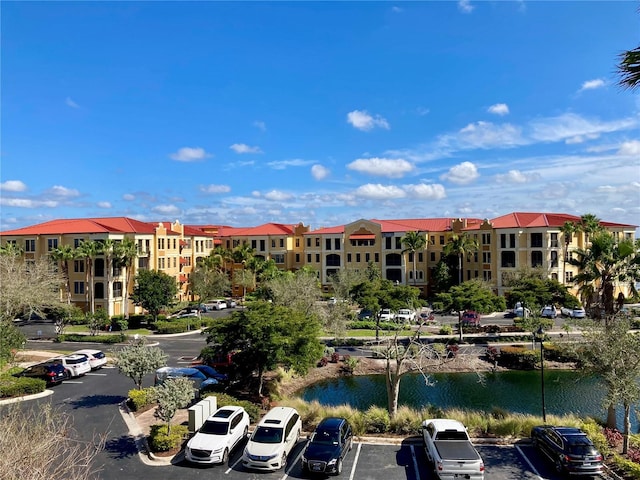 view of building exterior featuring a water view