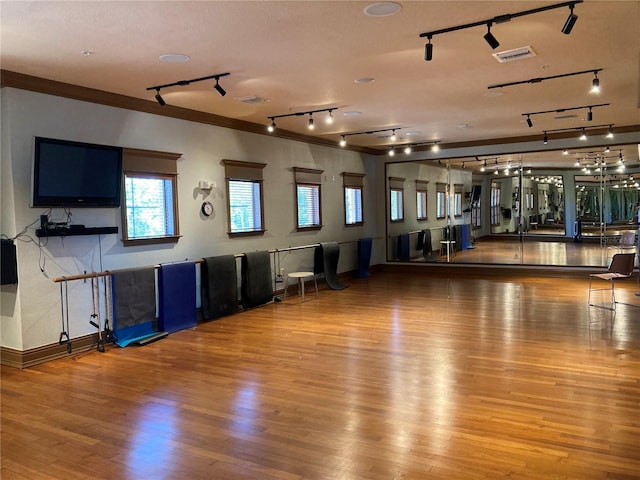 workout room featuring rail lighting and hardwood / wood-style floors