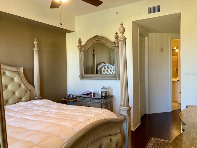 bedroom with hardwood / wood-style floors and ceiling fan