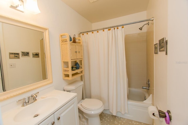 full bathroom featuring toilet, shower / tub combo with curtain, vanity, and tile flooring