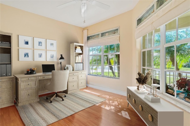 home office with ceiling fan and light wood-type flooring