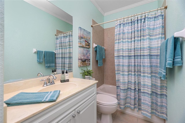 full bathroom with shower / tub combo with curtain, tile patterned flooring, vanity, ornamental molding, and toilet