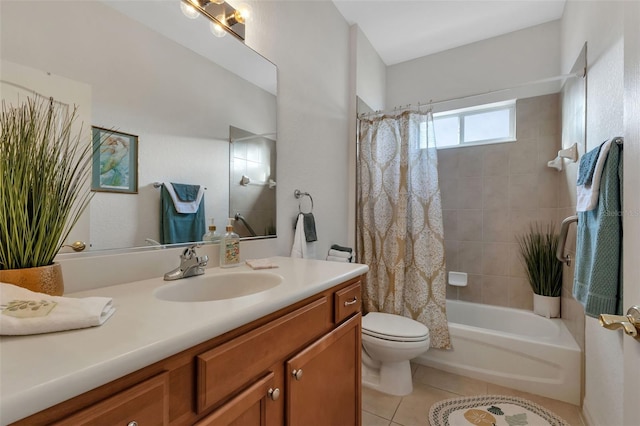 full bathroom featuring vanity, tile flooring, shower / bath combo with shower curtain, and toilet