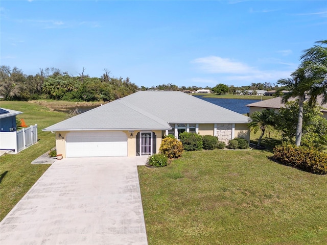 single story home with a front yard and a garage