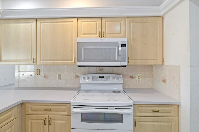 kitchen with backsplash, white appliances, and light brown cabinets