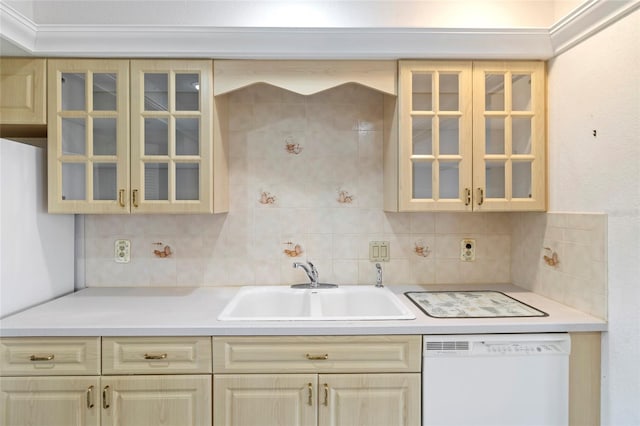 kitchen featuring sink, light brown cabinetry, backsplash, and white dishwasher