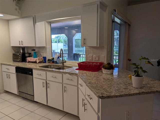 kitchen with sink, stainless steel dishwasher, white cabinetry, and backsplash