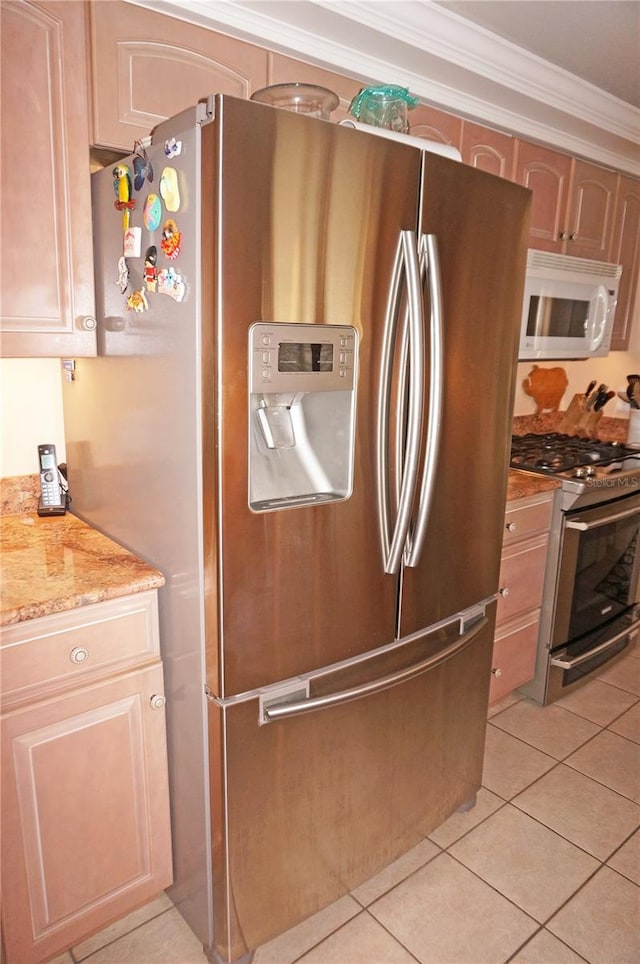 kitchen featuring ornamental molding, light stone countertops, stainless steel appliances, and light tile floors