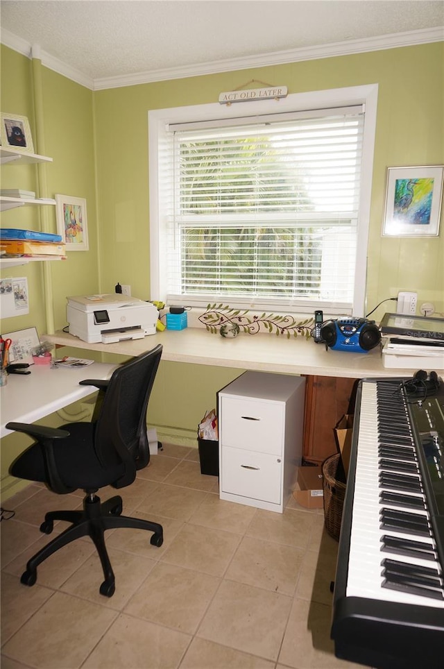 office with light tile floors, a wealth of natural light, and ornamental molding