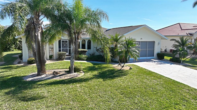 ranch-style house with a front yard and a garage