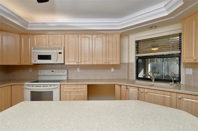 kitchen with light brown cabinets, tasteful backsplash, white appliances, crown molding, and sink