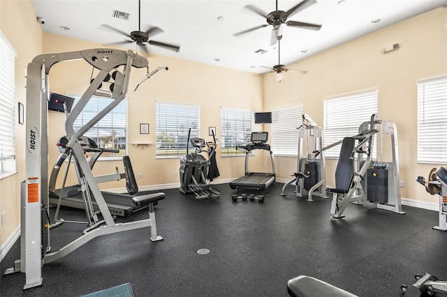 workout area with ceiling fan