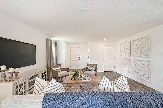 living room with a textured ceiling and dark hardwood / wood-style flooring