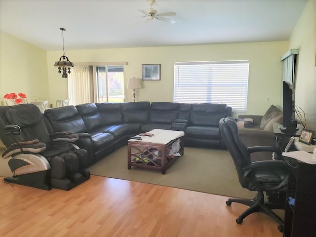 living room with ceiling fan and hardwood / wood-style flooring