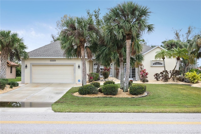 view of front of property with a front yard and a garage