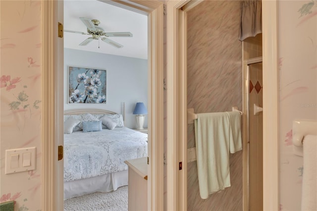 carpeted bedroom featuring ceiling fan