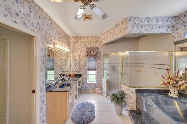 bathroom featuring vanity, tile patterned floors, ceiling fan, and independent shower and bath