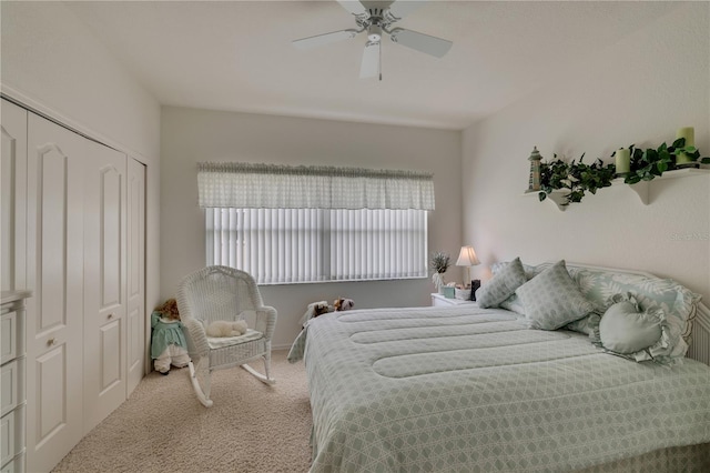 bedroom featuring carpet, ceiling fan, and a closet