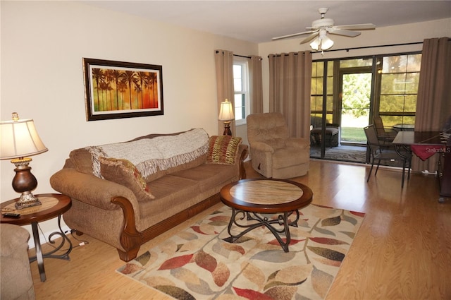 living room featuring ceiling fan and light hardwood / wood-style flooring