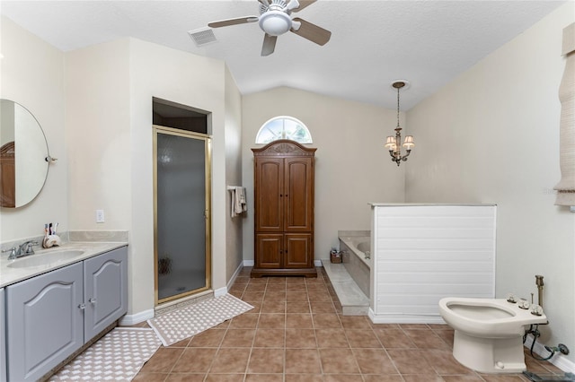 bathroom featuring tile patterned floors, plus walk in shower, a bidet, and lofted ceiling