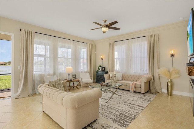 living room featuring light tile floors and ceiling fan