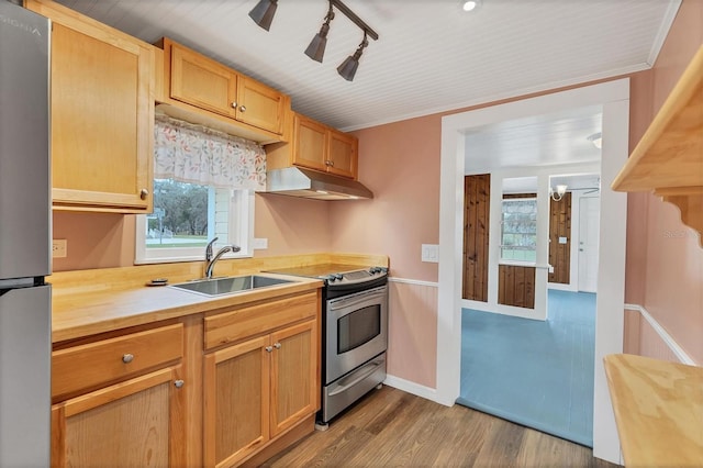 kitchen with light hardwood / wood-style floors, sink, stainless steel appliances, and light brown cabinetry