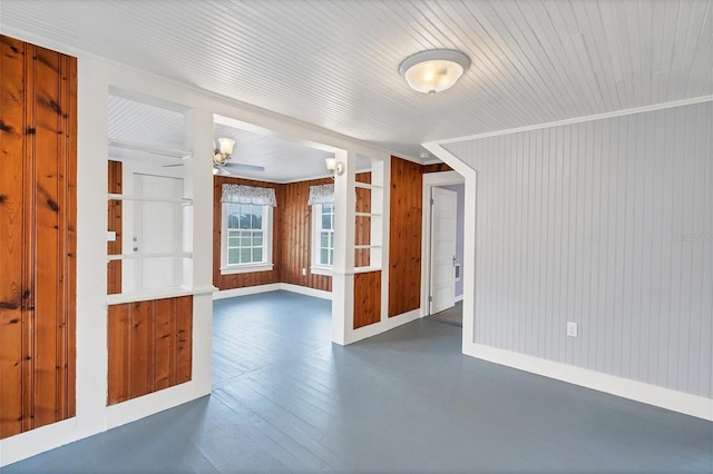 empty room featuring dark hardwood / wood-style floors, ceiling fan, and wood walls