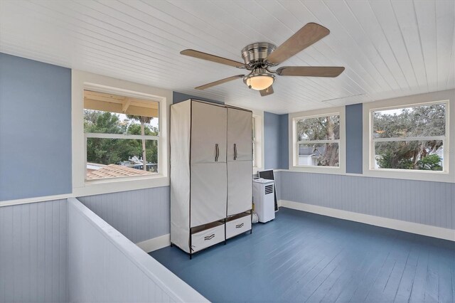 bedroom with dark hardwood / wood-style flooring, ceiling fan, and wood walls