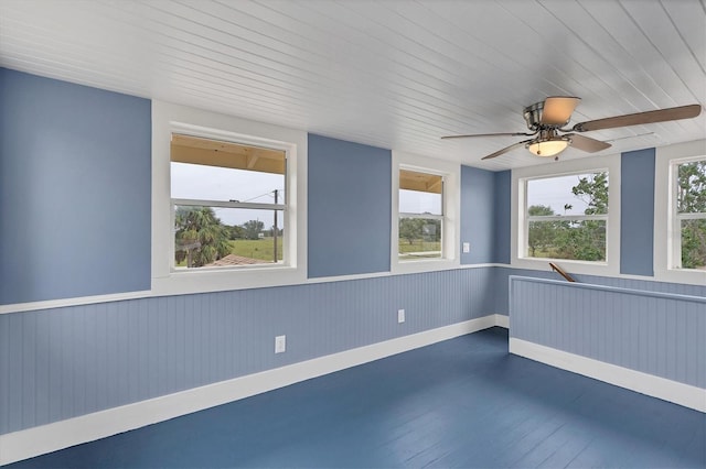 empty room with ceiling fan, wood-type flooring, and wood walls