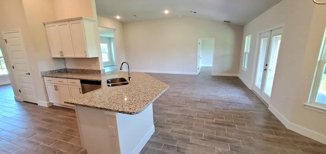 kitchen featuring lofted ceiling, plenty of natural light, and stone counters