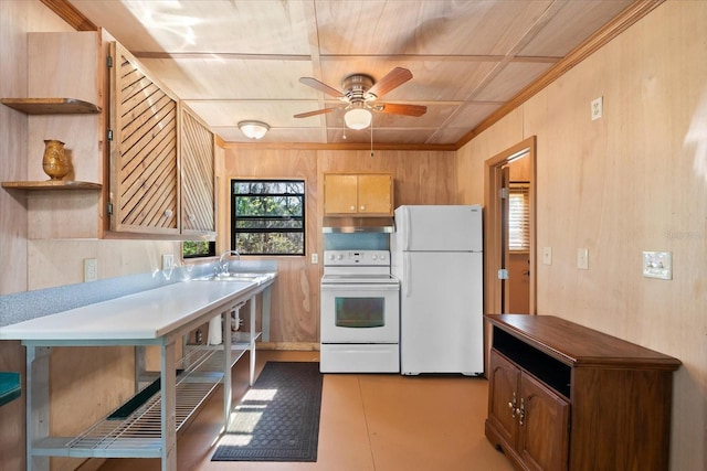 kitchen with ceiling fan, sink, wood walls, white appliances, and wood ceiling