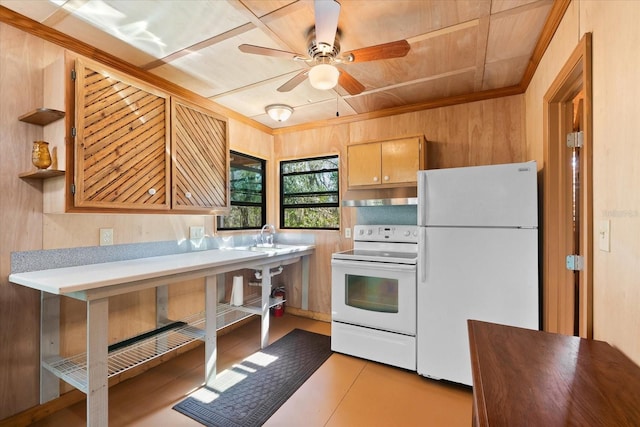 kitchen featuring ceiling fan, white appliances, wood ceiling, and wood walls