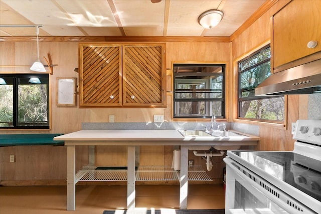 kitchen featuring white range, wooden walls, sink, hanging light fixtures, and range hood