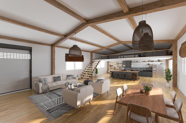 living room featuring beamed ceiling and light wood-type flooring