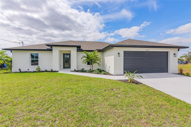 view of front of house with stucco siding, a shingled roof, concrete driveway, a front yard, and a garage