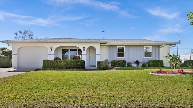 ranch-style house with a front lawn and a garage