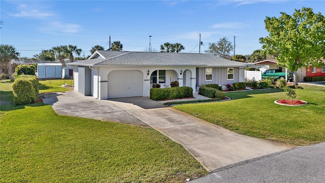 ranch-style home with a front lawn and a garage