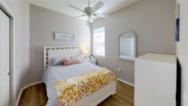 bedroom featuring a closet, ceiling fan, and dark hardwood / wood-style flooring