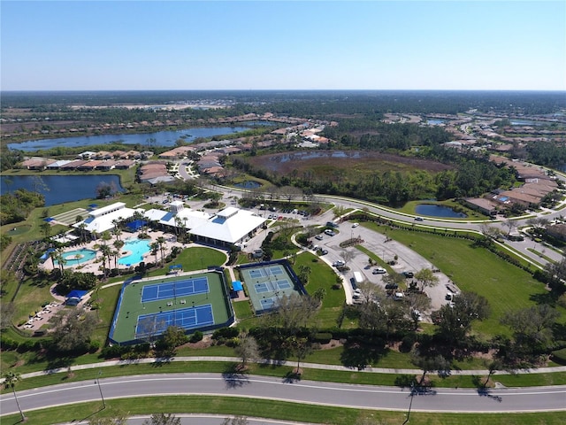 aerial view featuring a water view