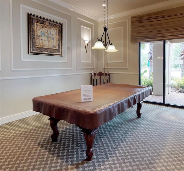 game room featuring ornamental molding, billiards, and carpet