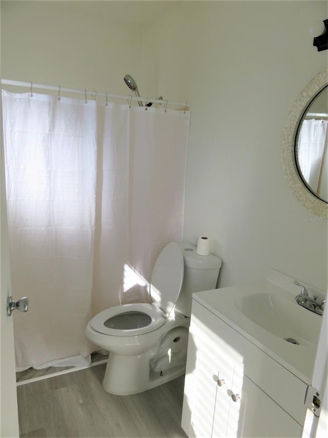 bathroom with vanity, toilet, and hardwood / wood-style flooring